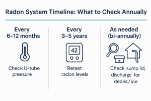 Radon system maintenance timeline showing annual and 5-year inspection intervals.