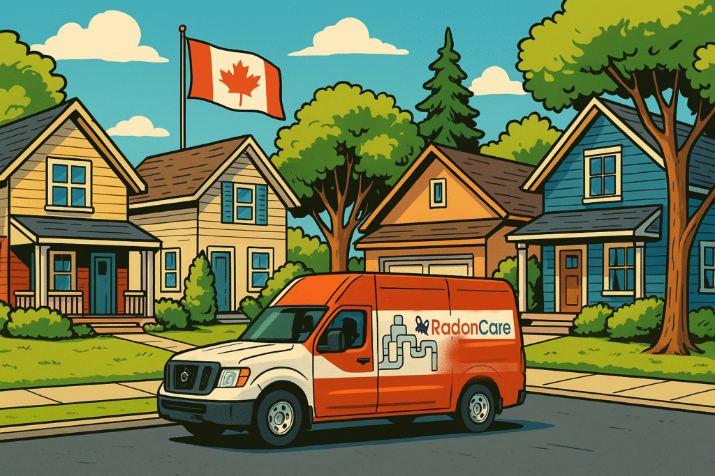 Describe radon mitigations in Canada by RadonCare RadonCare van parked on a street with Canadian flag behind .