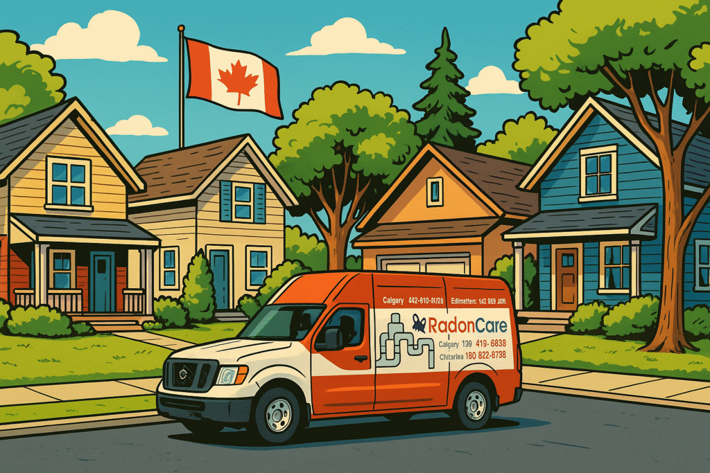 RadonCare van parked on a street with Canadian flag behind.