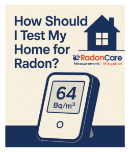Digital radon monitor reading 64 Bq/m³ with RadonCare logo above